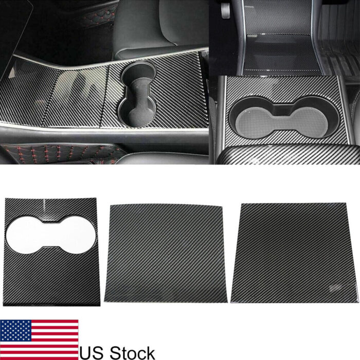 For 2017-2023 Tesla Model 3 3pc Carbon Fiber Look Center Console Cup Panel Cover